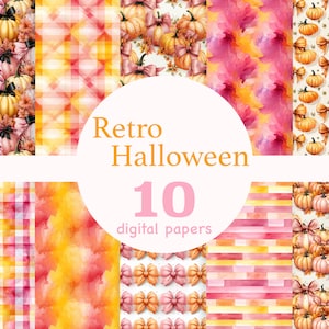 Papeles digitales retro de Halloween en acuarela, Patrón vintage de Halloween, Papel digital de otoño, Fondo de Halloween, Papel de los años 40, Papel retro de los años 50