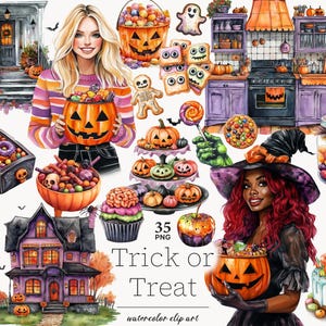 Trick or treat clipart, bright Halloween clipart, Halloween treats clipart, trick or treaters png, Halloween cookie png, candy shop clipart