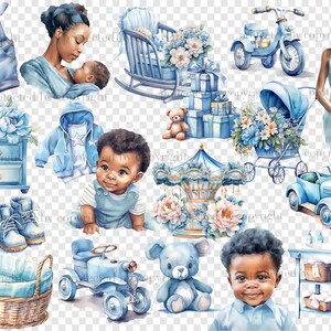 Baby Boy Black Clipart. Watercolor black boy, black boy in mother's arms, pregnant black girl in a blue dress, blue children's toys, tricycle, blue bear toy, blue chest of drawers with peonies, changing table, retro children's car