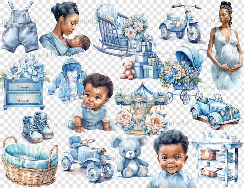 Baby Boy Black Clipart. Watercolor black boy, black boy in mother's arms, pregnant black girl in a blue dress, blue children's toys, tricycle, blue bear toy, blue chest of drawers with peonies, changing table, retro children's car