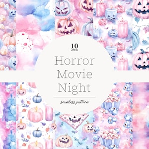 May include: A collection of watercolor seamless patterns with a Halloween theme. The patterns feature pumpkins, candles, and popcorn in shades of pink, blue, and peach. The text "Horror Movie Night" is displayed in the center.