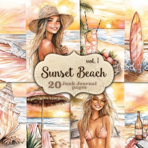 Sunset Beach Junk Journal Pages Ocean Scrapbook Kit Coastal Collage Sheets Woman Ephemera Travel Journaling Supplies Nautisch papier