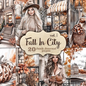May include: A collection of watercolour illustrations with an autumnal theme. The images feature a woman, pumpkins, a scooter, and cityscapes. The text "Fall In City" and "20 Junk Journal pages" is displayed.