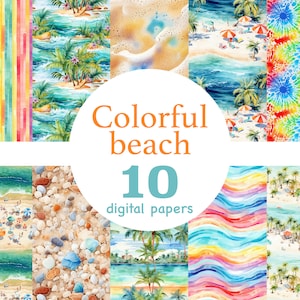 Colorful beach digital papers, Colorful beach seamless pattern, summer papers, summer seamless pattern, beach digital papers, Scrapbooking
