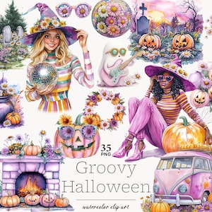 Groovy Halloween clipart, Retro Halloween clipart, Hippie Halloween clipart, pastel Halloween clipart, pastel Halloween png, Pink halloween