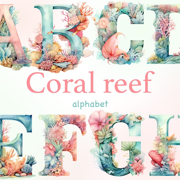 Coral reef alphabet png, summer font  wedding invitation, Coral reef wedding invitation, Monogram Letters, Underwater Clipart, Nursery png