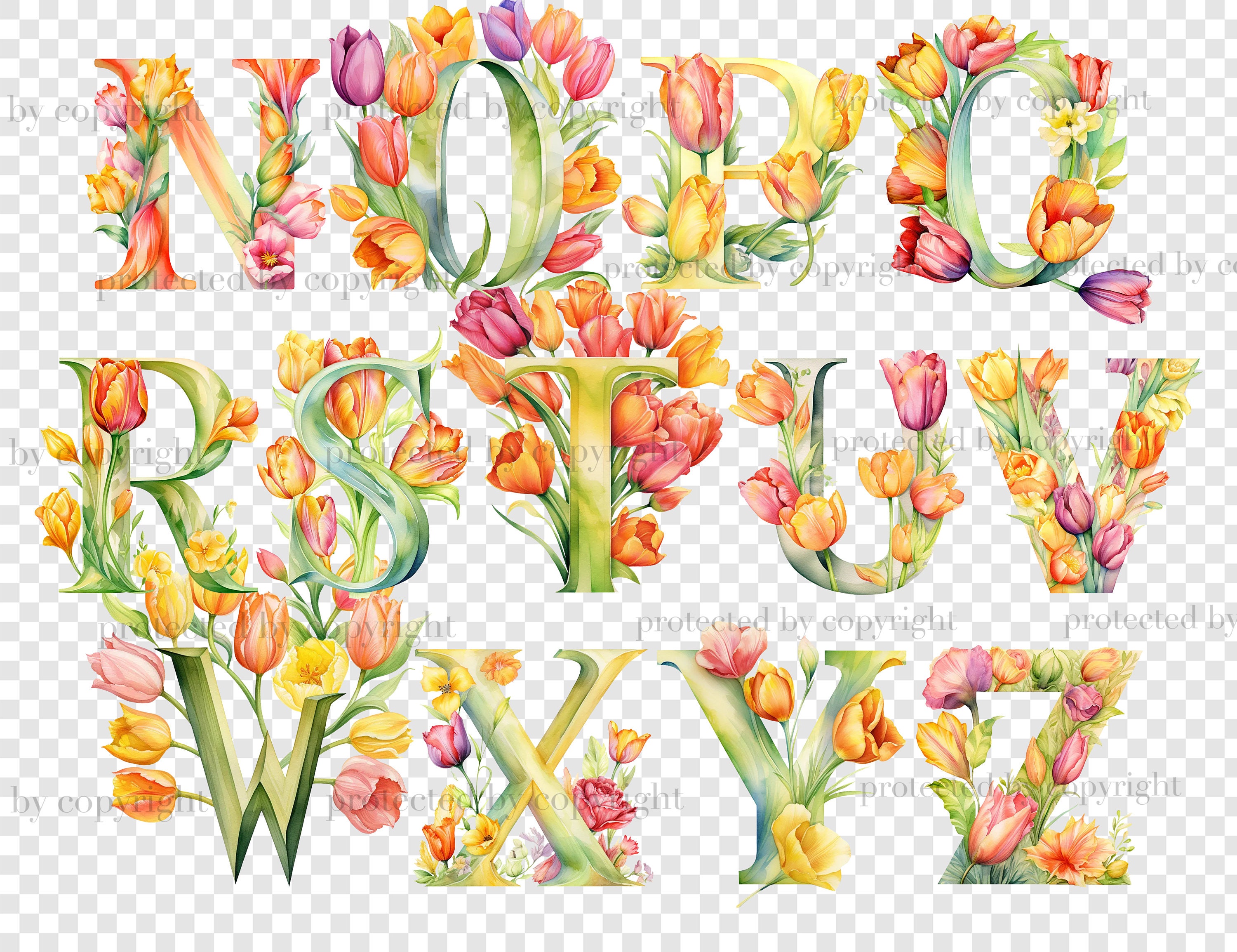 Tulips Alphabet Clipart: Spring and Summer Floral Letters PNG (digital ...