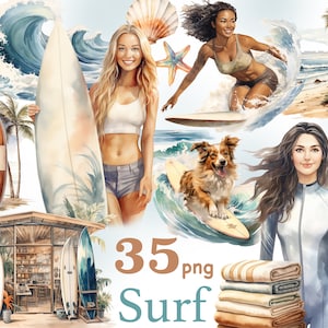 Surf glinsterende clip art, surf meisje clipart, surf zwarte meid png, surf vrouw png, neutrale zomer clipart, surfen png, palmboom clipart, surfer png