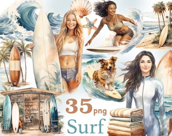 Surf Girl Clipart: Summer Surfing PNG Graphics (Digital Download)