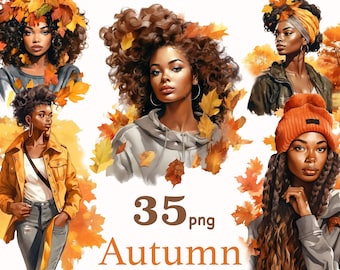 Watercolor Autumn black girl clipart png, fashion girl clipart, African American Girls Clipart PNG, Woman Illustrations, Planner Stickers