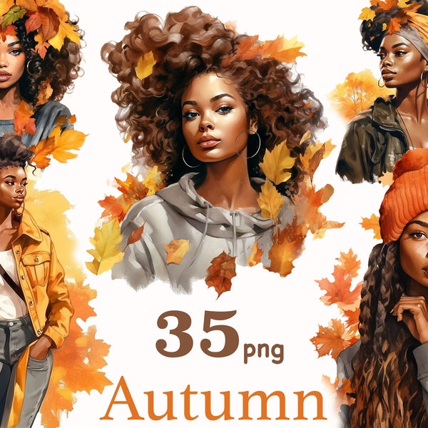Watercolor Autumn black girl clipart png, fashion girl clipart, African American Girls Clipart PNG, Woman Illustrations, Planner Stickers