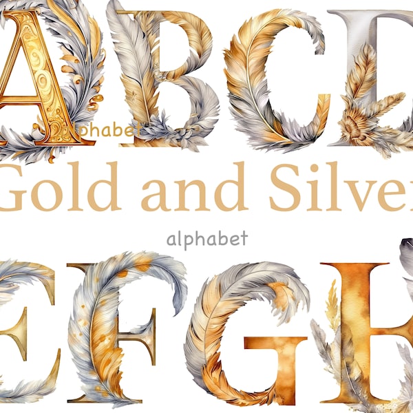 Alphabet de plumes d'or et d'argent, police de l'alphabet de mariage, clipart anniversaire, clipart art nouveau, invitation clapet, clipart fête, police png