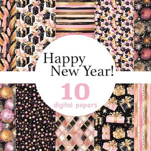 Schwarz und pinkes Digitales Papier, Frohes Neues Jahr Musterdesign, Party Einladung Papier, Neujahr Party Muster, Silvester Papier