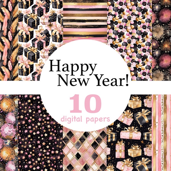 Black and pink Digital Paper, Happy New Year Seamless Patterns, party invitation paper, New Year party seamless pattern, New Years Eve paper