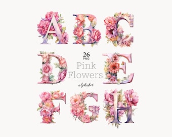 Roze pioenrozen bloemen alfabetletters: roze bloemen lettertype PNG clipart-uitnodiging (digitale download)