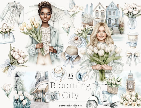 Neutral Spring City Clipart: Rainy Day PNG Images (Digital Download)