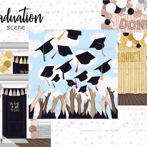 Imágenes prediseñadas de graduación, imágenes prediseñadas de escenas de graduación, vestidos de graduación, gorras, estolas, diplomas, imágenes prediseñadas de champán, imágenes prediseñadas del día de graduación
