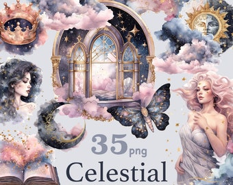Watercolor Celestial Clipart: Zodiac, Moon, Stars (PNG Files)