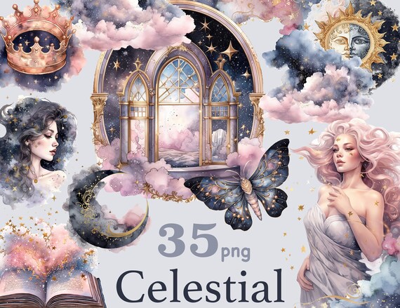 Watercolor Celestial Clipart: Zodiac, Moon, Stars (PNG Files)
