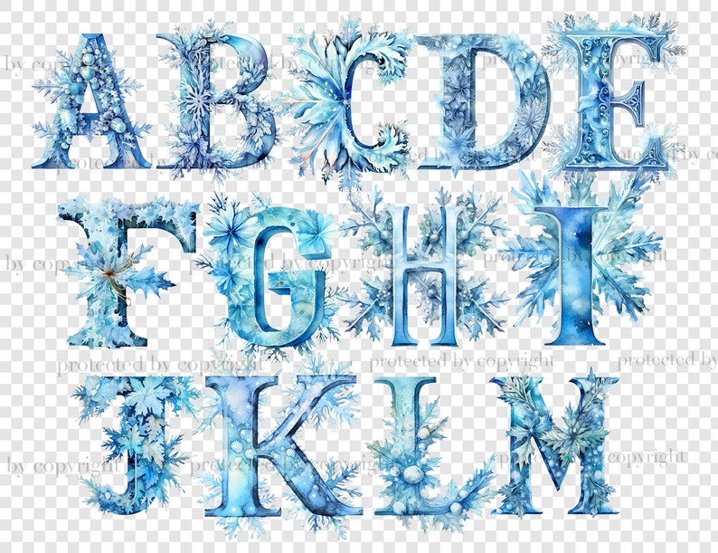 Winter Snowflake Alphabet Clipart: Blue Invitation Letters (PNG ...