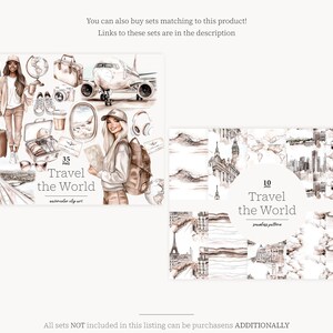 May include: A digital illustration set featuring watercolor clip art and seamless patterns on the theme of travel. The set includes 35 watercolor clip art images and 10 seamless patterns. The illustrations feature a woman with a backpack, a suitcase, a globe, a plane, a coffee cup, and a map. The seamless patterns feature cityscapes, landmarks, and travel-related motifs.