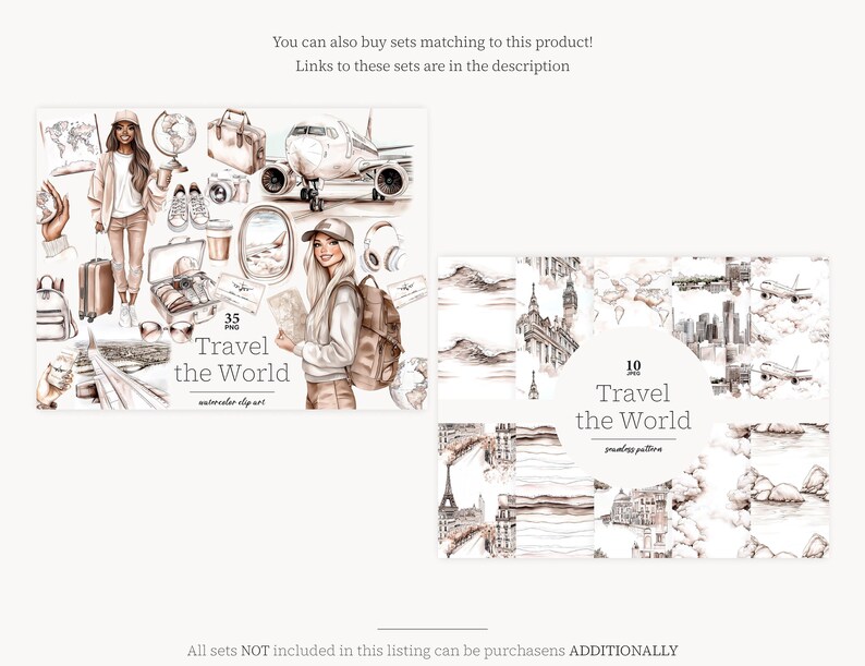May include: A digital illustration set featuring watercolor clip art and seamless patterns on the theme of travel. The set includes 35 watercolor clip art images and 10 seamless patterns. The illustrations feature a woman with a backpack, a suitcase, a globe, a plane, a coffee cup, and a map. The seamless patterns feature cityscapes, landmarks, and travel-related motifs.
