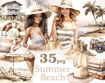 Neutral Summer Beach Clipart: Girls, Ocean, Sandcastles (35 PNG)