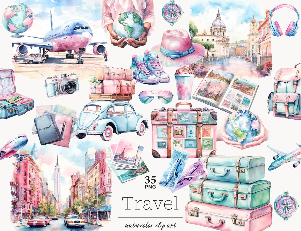 Travel Watercolor Clipart: Summer Vacation PNG (35 Files) - Etsy