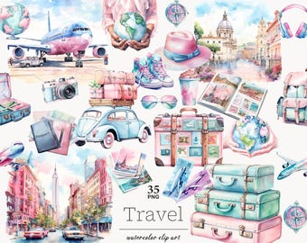 Travel Watercolor Clipart: Summer Vacation PNG (35 Files)