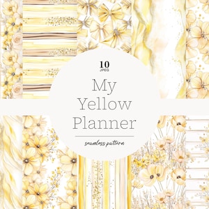 Op de afbeelding: Tien digitale naadloze patronen in geeltinten, met bloemmotieven, strikken en strepen. De centrale tekst luidt "My Yellow Planner", met "seamless pattern" eronder.