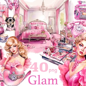 Ensemble de clipart girly assez rose, clipart rose planificateur, clipart rose, ensemble de cliparts maquillage, clipart glamour, graphismes maquillage et beauté,