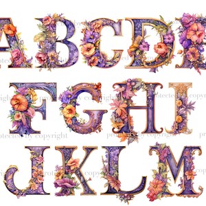Watercolor tea party autumn alphabet letters. Halloween font for invitations letters A, B, C, D, E, F, G, H, I, J, K, L, M. Purple color alphabet with orange, red, purple colors. Floral fall font PNG Bundle. Baby Shower Letters