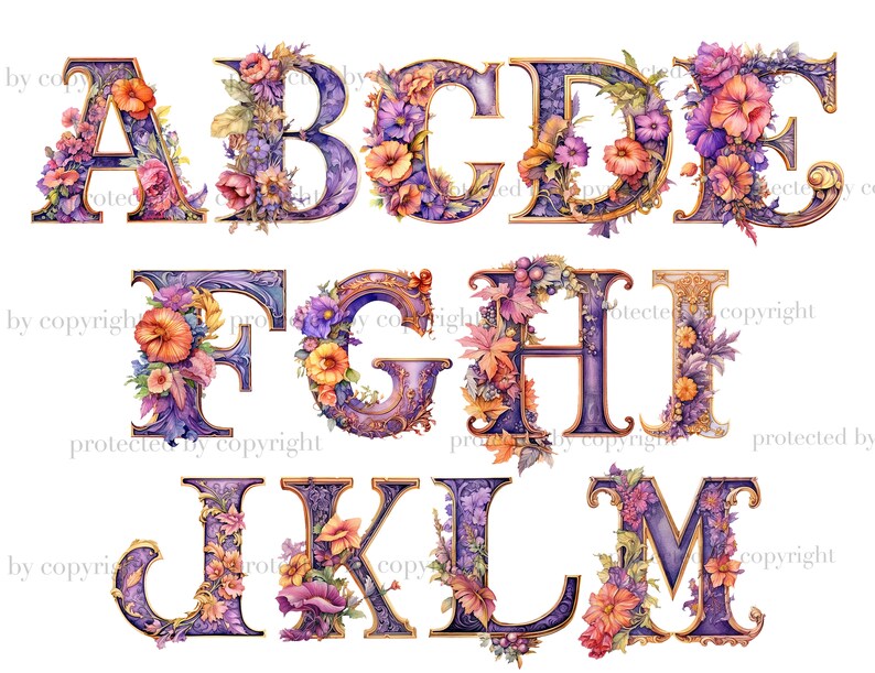 Watercolor tea party autumn alphabet letters. Halloween font for invitations letters A, B, C, D, E, F, G, H, I, J, K, L, M. Purple color alphabet with orange, red, purple colors. Floral fall font PNG Bundle. Baby Shower Letters