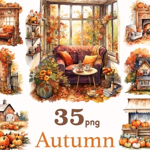 Autumn scenes clipart, Cozy Fall Clipart Set, Autumn fall farmhouse clipart, autumn and fall holiday treats, Autumn Cottage Clipart png