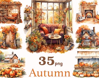Autumn scenes clipart, Cozy Fall Clipart Set, Autumn fall farmhouse clipart, autumn and fall holiday treats, Autumn Cottage Clipart png