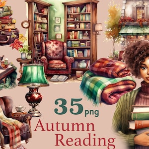 Cozy Autumn Reading clipart,  Autumn book clipart, black girl reading png, cozy reading corner png, booklover clip art, bookish illustration