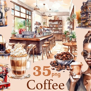 Bundle de cliparts tasse à café, tasse à café PNG, clipart en grains de café pour kit de journal indésirable, clipart aquarelle amateur de café, clipart fashion girl