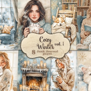 Páginas de diario basura de invierno acogedoras Paquete de diario navideño azul Hoja de collage rústico navideño Diario basura de vacaciones imprimible Descarga instantánea