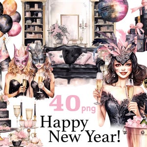 Clipart de feliz ano novo, clipart de festeiras, clipart de meninas de ano novo, champanhe, clipart de balões, conjunto de clipart de véspera de ano novo, ano novo 2024