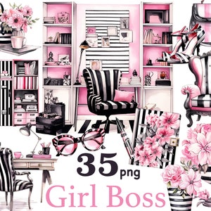 Girl Boss clipart, Business Girl clipart, Business Woman clipart, home office clipart, office girl clipart, Pink black Office clipart png