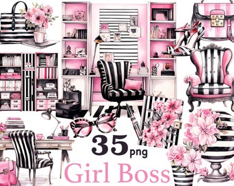 Girl Boss clipart, Business Girl clipart, Business Woman clipart, home office clipart, office girl clipart, Pink black Office clipart png