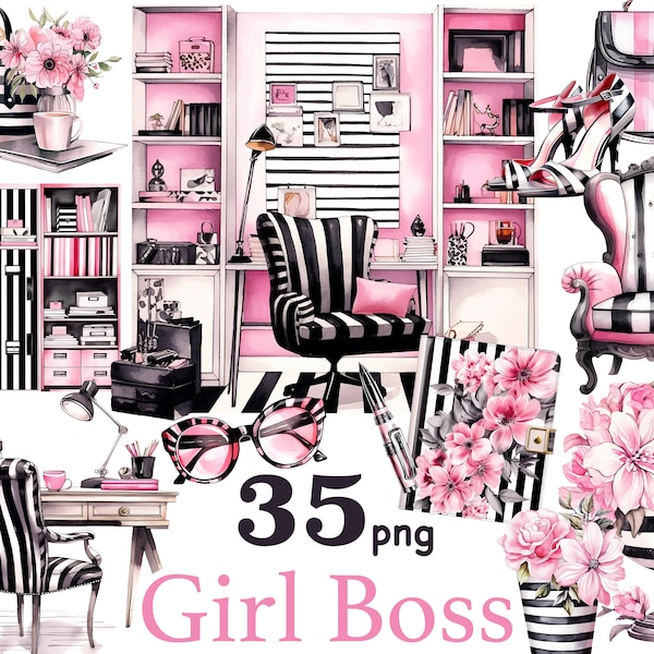 Girl Boss clipart, Business Girl clipart, Business Woman clipart, home office clipart, office girl clipart, Pink black Office clipart png