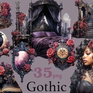 Gothic black woman clipart, Gothic fashion black girl clipart, gothic book clipart, dark academia clipart, Witch Fantasy Clipart, gothic png