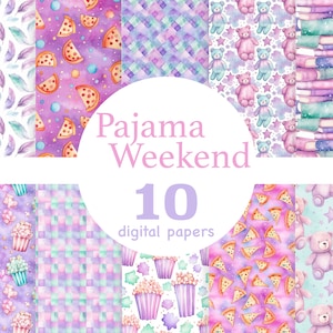 Papel sin costuras fiesta pijama, patrón digital fiesta pijama, papel cielo estrellado, patrones digitales osito, álbum de recortes fiesta pijama, fin de semana