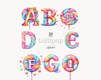 Watercolor Lollipop Alphabet Clipart: Rainbow Candy Letters (PNG Files)
