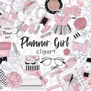 Clipart ragazza pianificatrice, grafica pianificatrice di cancelleria, clipart di forniture per ufficio, clipart di attrezzature per ufficio, pacchetto di clipart pastello, arte per ufficio rosa