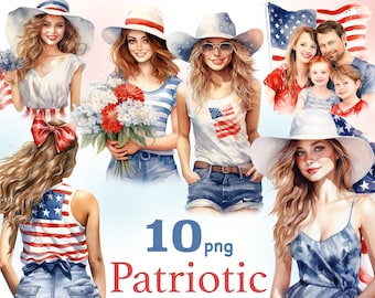 Patriotic girl clipart, 4th of July girl clipart, 4th of July Illustration, fourth of july clipart, America family clipart, America woman