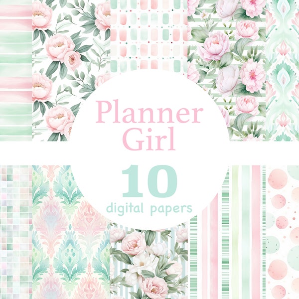 Planner girl digital papers, Planner girl seamless pattern, light pink mint digital paper, pastel color paper, pastel color seamless pattern
