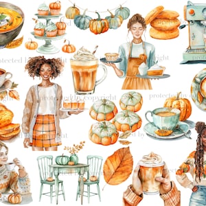 Pu&ograve; includere: Illustrazione ad acquerello con temi autunnali. Include zucche, prodotti da forno, caff&egrave; e persone. La tavolozza dei colori &egrave; dominata da arancione, marrone e verde acqua. L'immagine evoca un'atmosfera autunnale accogliente, perfetta per design e artigianato stagionali.