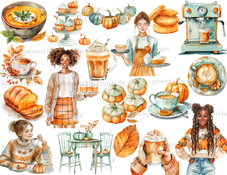 Pu&ograve; includere: Illustrazione ad acquerello con temi autunnali. Include zucche, prodotti da forno, caff&egrave; e persone. La tavolozza dei colori &egrave; dominata da arancione, marrone e verde acqua. L'immagine evoca un'atmosfera autunnale accogliente, perfetta per design e artigianato stagionali.